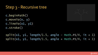 @rrafols
Step 3 - Recursive tree
c.beginPath()
c.moveTo(x, y)
c.lineTo(x1, y1)
c.stroke()
split(x1, y1, length/1.5, angle ...