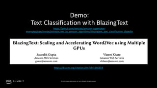 © 2019, Amazon Web Services, Inc. or its affiliates. All rights reserved.S U M M I T
Demo:
Text Classification with BlazingText
https://github.com/awslabs/amazon-sagemaker-
examples/tree/master/introduction_to_amazon_algorithms/blazingtext_text_classification_dbpedia
https://dl.acm.org/citation.cfm?id=3146354
 