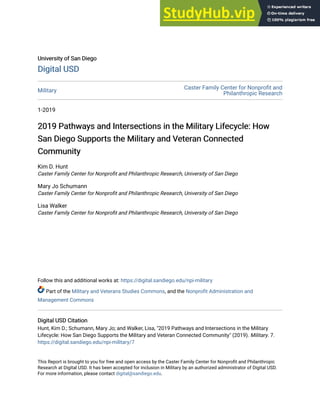 University of San Diego
University of San Diego
Digital USD
Digital USD
Military
Caster Family Center for Nonprofit and
Philanthropic Research
1-2019
2019 Pathways and Intersections in the Military Lifecycle: How
2019 Pathways and Intersections in the Military Lifecycle: How
San Diego Supports the Military and Veteran Connected
San Diego Supports the Military and Veteran Connected
Community
Community
Kim D. Hunt
Caster Family Center for Nonprofit and Philanthropic Research, University of San Diego
Mary Jo Schumann
Caster Family Center for Nonprofit and Philanthropic Research, University of San Diego
Lisa Walker
Caster Family Center for Nonprofit and Philanthropic Research, University of San Diego
Follow this and additional works at: https://digital.sandiego.edu/npi-military
Part of the Military and Veterans Studies Commons, and the Nonprofit Administration and
Management Commons
Digital USD Citation
Digital USD Citation
Hunt, Kim D.; Schumann, Mary Jo; and Walker, Lisa, "2019 Pathways and Intersections in the Military
Lifecycle: How San Diego Supports the Military and Veteran Connected Community" (2019). Military. 7.
https://digital.sandiego.edu/npi-military/7
This Report is brought to you for free and open access by the Caster Family Center for Nonprofit and Philanthropic
Research at Digital USD. It has been accepted for inclusion in Military by an authorized administrator of Digital USD.
For more information, please contact digital@sandiego.edu.
 