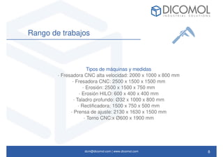 dcm@dicomol.com | www.dicomol.com
Rango de trabajos
Tipos de máquinas y medidas
· Fresadora CNC alta velocidad: 2000 x 1000 x 800 mm
· Fresadora CNC: 2500 x 1500 x 1500 mm
· Erosión: 2500 x 1500 x 750 mm
· Erosión HILO: 600 x 400 x 400 mm
· Taladro profundo: Ø32 x 1000 x 800 mm
· Rectificadora: 1500 x 750 x 500 mm
· Prensa de ajuste: 2130 x 1630 x 1500 mm
· Torno CNC:x Ø600 x 1900 mm
8
 