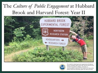 The Culture of Public Engagement at Hubbard
Brook and Harvard Forest: Year II
This material is based upon work supported by the National
Science Foundation (NSF, Grants AISL 1421214-1421723, and
1713197. Any opinions, findings, conclusions, or
recommendations expressed in this material are those of the
authors and do not necessarily reflect the views of the NSF.
 