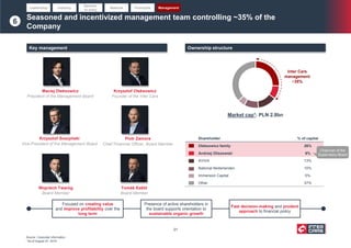 Seasoned and incentivized management team controlling ~35% of the
Company
Focused on creating value
and improve profitability over the
long term
Presence of active shareholders in
the board supports orientation to
sustainable organic growth
Fast decision-making and prudent
approach to financial policy
Leadership Industry
Barriers
to entry
Network Financials Management
Key management Ownership structure
Market cap1: PLN 2.8bn
Shareholder % of capital
Oleksowicz family 26%
Andrzej Oliszewski 9%
AVIVA 13%
National Nederlanden 10%
Immersion Capital 5%
Other 37%
Inter Cars
management
~35%
Source: Corporate information
1 As of August 27, 2019
Chairman of the
Supervisory Board
6
21
Maciej Oleksowicz
President of the Management Board
Krzysztof Oleksowicz
Founder of the Inter Cars
Krzysztof Soszyński
Vice-President of the Management Board
Piotr Zamora
Chief Financial Officer, Board Member
Wojciech Twaróg
Board Member
Tomáš Kaštil
Board Member
 
