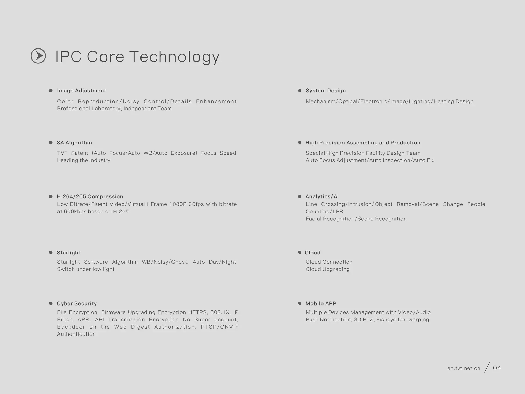 Image Adjustment
C o l o r R e p r o d u c t i o n / N o i s y C o n t r o l / D e t a i l s E n h a n c e m e n t
Professional Laboratory, Independent Team
3A Algorithm
TVT Patent (Auto Focus/Auto WB/Auto Exposure) Focus Speed
Leading the Industry
H.264/265 Compression
Low Bitrate/Fluent Video/Virtual I Frame 1080P 30fps with bitrate
at 600kbps based on H.265
Starlight
Starlight Software Algorithm WB/Noisy/Ghost, Auto Day/Night
Switch under low light
Cyber Security
File Encryption, Firmware Upgrading Encryption HTTPS, 802.1X, IP
Filter, APR, API Transmission Encryption No Super account,
Backdoor on the Web Digest Authorization, RTSP/ONVIF
Authentication
System Design
Mechanism/Optical/Electronic/Image/Lighting/Heating Design
High Precision Assembling and Production
Special High Precision Facility Design Team
Auto Focus Adjustment/Auto Inspection/Auto Fix
Analytics/AI
Line Crossing/Intrusion/Object Removal/Scene Change People
Counting/LPR
Facial Recognition/Scene Recognition
Cloud
Cloud Connection
Cloud Upgrading
Mobile APP
Multiple Devices Management with Video/Audio
Push Notiﬁcation, 3D PTZ, Fisheye De-warping
IPC Core Technology
CAMERA
IP Camera HD Analog Camera Speed Dome/Module
DVR&NVR
DVR NVR
Solution
Platform serverServerClientNVMS Platform NVR
Product Portfolio
03 en.tvt.net.cnen.tvt.net.cn 04
 