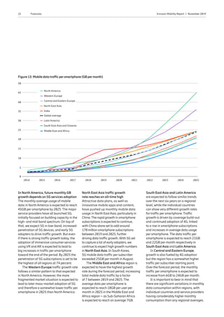 15 Ericsson Mobility Report  |  November 2019Forecasts
In North America, future monthly GB
growth depends on 5G services adoption
The monthly average usage of mobile
data in North America is expected to reach
45GB per smartphone by 2025. The major
service providers have all launched 5G,
initially focused on building capacity in the
high- and mid-band spectrum. On top of
that, we expect 5G in low-band, increased
penetration of 5G devices, and early 5G
adopters to drive traffic growth. But even
if there is strong traffic growth today, the
adoption of immersive consumer services
using VR and AR is expected to lead to
big increases in traffic per smartphone
toward the end of the period. By 2025 the
penetration of 5G subscriptions is set to be
the highest of all regions at 74 percent.
The Western Europe traffic growth rate
follows a similar pattern to that expected
in North America. However, the more
fragmented market situation is expected to
lead to later mass-market adoption of 5G
and therefore a somewhat lower traffic per
smartphone in 2025 than North America.
North East Asia traffic growth
rate reaches an all-time high
Attractive data plans, as well as
innovative mobile apps and content,
have pushed up monthly mobile data
usage in North EastAsia, particularly in
China.The rapid growth in smartphone
subscriptions is expected to continue,
with China alone set to add around
170 million smartphone subscriptions
between 2019 and 2025, further
driving data traffic growth. With 5G set
to capture a lot of early adopters, we
continue to expect high growth numbers
in North EastAsia. In South Korea,
5G mobile data traffic per subscriber
exceeded 25GB per month in August.
The Middle East and Africa region is
expected to have the highest growth
rate during the forecast period, increasing
total mobile data traffic by a factor
of 7 between 2019 and 2025. The
average data per smartphone is
expected to reach 18GB per user per
month in 2025 in the Middle East and
Africa region – as Sub-Saharan Africa
is expected to reach on average 7GB.
South East Asia and Latin America
are expected to follow similar trends
over the next six years on a regional
level, while the individual countries
can show very different growth rates
for traffic per smartphone. Traffic
growth is driven by coverage build-out
and continued adoption of 4G, linked
to a rise in smartphone subscriptions
and increases in average data usage
per smartphone. The data traffic per
smartphone is expected to reach 21GB
and 22GB per month respectively in
South East Asia and Latin America.
In Central and Eastern Europe,
growth is also fueled by 4G adoption
but the region has a somewhat higher
traffic per subscriber starting point.
Over the forecast period, the monthly
traffic per smartphone is expected to
increase from 6GB to 24GB per month.
It is important to bear in mind that
there are significant variations in monthly
data consumption within regions, with
individual countries and service providers
having considerably higher monthly
consumption than any regional averages.
Figure 13: Mobiledatatrafficpersmartphone(GBpermonth)
5
0
50
45
40
35
30
25
20
15
10
2014 2016 2017 2018 2019 2020 2021 20252022 202420232015
Middle East and Africa
Latin America
North America
Western Europe
Central and Eastern Europe
North East Asia
South East Asia and Oceania
Global average
India
 