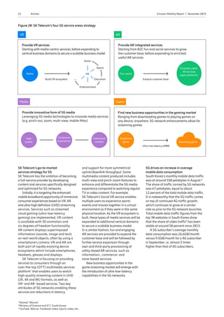 22 Ericsson Mobility Report  |  November 2019Articles
SK Telecom’s go-to-market
services strategy for 5G
SK Telecom has the ambition of becoming
a full-service provider by developing
content and services specifically designed
and optimized for 5G networks.
Initially, it is targeting the enhanced
mobile broadband opportunityof immersive
consumerexperiences based onVR,AR
andultra-highdefinition(UHD) streaming
services. Services such as streamed
cloud gaming (ultra-low-latency
gaming) are implemented. VR content
is available with 3D animation and
six degrees of freedom functionality.
AR content displays superimposed
information (sounds, image and text)
on real-world objects, often by using a
smartphone’s camera. VR and AR are
both part of rapidly evolving device
ecosystems which include smartphones,
headsets, glasses and displays.
SK Telecom is focusing on providing
services to consumers through an
over-the-top (OTT) multimedia services
platform7
that enables users to watch
high-quality streaming content in UHD
(2K, 4K and 8K) formats, as well as
VR- and AR- based services. Two key
attributes of 5G networks enabling these
services are reductions in latency
and support for more symmetrical
uplink/downlink throughput. Some
multimedia content produced includes
multi-view and pinch-zoom features to
enhance and differentiate the 5G media
experience compared to watching regular
TV or video content. For example,
SK Telecom‘s Social VR service enables
multiple users to experience sports
events and movies together in a virtual
environment as if they were in the same
physical location. As the VR ecosystem is
built, these types of media services will be
expanded to additional vertical domains
to secure a scalable business model.
In a similar fashion, fun and engaging
AR services are provided to expand the
customer base and will be followed by
further service expansion through
own and third-party provisioning of
utility-based AR services, such as
information-, commerce- and
zone-based services.
New business opportunities in the
game streaming market will emerge with
the introduction of ultra-low-latency
capabilities in the 5G networks.
5G drives an increase in average
mobile data consumption
South Korea‘s monthly mobile data traffic
was at around 550 petabytes in August.8
The share of traffic carried by 5G networks
was 67 petabytes, equal to about
12 percent of the total mobile data traffic.
It is noteworthy that the 5G traffic comes
on top of continued 4G traffic growth,
which continues to grow at a similar
rate as prior to the 5G network launches.
Total mobile data traffic figures from the
top 30 websites in South Korea show
that the share of video traffic9
has been
stable at around 50 percent since 2015.
A 5G subscriber‘s average monthly
data consumption was 26.6GB/month
versus 9.5GB/month for a 4G subscriber
in September, i.e. almost 3 times
higher than that of 4G subscribers.
Figure 20: SK Telecom’s four 5G service areas strategy
Media
High
quality
Download
game
Immersive
experiences
Interactive
content
Fun, social
Enriched useful
AR services
(open platform)
VR
Media
AR
Game
Streaming game
Ultra-low latency eMBB
Expand customer baseBuild VR ecosystem ......
Game
Sports
Education
Entertainment
VR
7
Named “Wavve”
8
Ministry of Science and ICT, South Korea
9
YouTube, Wavve, Facebook video, Sports video, etc.
ProvideVR services
Startingwith media-centric services, before expanding to
vertical business domains to secure a scalable business model
Provide innovative form of 5G media
Leveraging 5G media technologies to innovate media services
(e.g. pinch-out, zoom, multi-view, mobile iMax)
Provide AR integrated services
Starting from B2C fun and social services to grow
the customer base, before expanding to enriched
useful AR services
Find new business opportunities in the gaming market
Ranging from downloading games to playing games on
any device, anywhere. 5G network enhancements allow for
streaming games
 