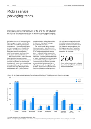 28 Ericsson Mobility Report  |  November 2019Articles28 Ericsson Mobility Report  |  November 2019
Mobile service
packaging trends
Increasing performance levels of 4G and the introduction
of 5G are driving innovation in mobile service packaging.
Buckets of data are the basis of offerings
from nearly every service provider. The
amount of data traffic in packages has
increased and – in most markets – voice
and text messaging are included in the
package. Recently, service providers
have been creating packages that
cater for the usage of specific services
or devices in various combinations.
Arecurring question is how 5G will open
opportunities to increase revenues.
Arecent survey1
indicated consumerswere
willing to paymore forthe performance
improvements 5Gwill bring. However, they
also expected a range of newservices,
aswell as newways of paying forthem.
DuringAugust 2019, Ericsson updated
a desktop studyof 264 service providers
to determinewhat type of packages
theyoffered to consumers.2
The “bucket model”,which provides
the consumerwith a data allowance in
gigabytes permonth, is a keycomponent
of the overwhelming majorityof tariff
plans – 260 out of 264 service providers
are using this model as the core feature of
theiroffers.Aslight increase in the number
of service providers offering an optionwith
unlimited data packages could be seen.
These packages are generallyprovided
as premium alternatives in a range of
offerings commonlystartingwith small
buckets. Onlyfourservice providerswere
found to offersolelyunlimited packages.
260Out of 264 service providers, 260 were
found to be using the bucket model as
the base of their offers.
The main benefit of the bucket model
is that it forms a connection between
data traffic growth and mobile revenues.
The model can generate revenue from
both a growing numberof subscribers
and a continuous increase in average
data traffic persubscriber.
1 
Ericsson ConsumerLab, 5G consumer potential (May 2019)
2
”Mobile service packaging towards 5G”: www.ericsson.com/en/networks/trending/insights-and-reports/mobile-service-packaging-towards-5g
Figure 30: Service providers typically offer various combinations of these components of service packages
250
260260
87
82
114
71
40
9
43
31
172
139
95
87
44
2
56
26
300
200
150
100
50
Buckets
Numberofserviceproviders
Unlimited Service based Off peak Device based FWA Family and
share plans
Triple/
quad-play
5G
Dec 18
Aug 19
0
 
