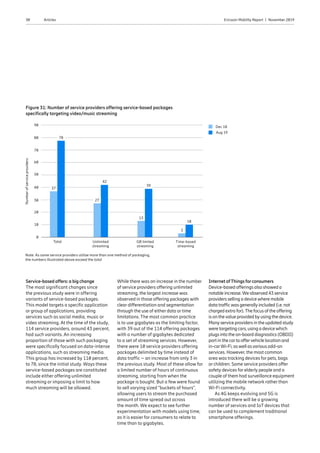 30 Ericsson Mobility Report  |  November 2019Articles
Service-based offers: a big change
The most significant changes since
the previous study were in offering
variants of service-based packages.
This model targets a specific application
or group of applications, providing
services such as social media, music or
video streaming. At the time of the study,
114 service providers, around 43 percent,
had such variants. An increasing
proportion of those with such packaging
were specifically focused on data-intense
applications, such as streaming media.
This group has increased by 110 percent,
to 78, since the initial study. Ways these
service-based packages are constituted
include either offering unlimited
streaming or imposing a limit to how
much streaming will be allowed.
While there was an increase in the number
of service providers offering unlimited
streaming, the largest increase was
observed in those offering packages with
clear differentiation and segmentation
through the use of either data or time
limitations. The most common practice
is to use gigabytes as the limiting factor,
with 39 out of the 114 offering packages
with a number of gigabytes dedicated
to a set of streaming services. However,
there were 10 service providers offering
packages delimited by time instead of
data traffic – an increase from only 3 in
the previous study. Most of these allow for
a limited number of hours of continuous
streaming, starting from when the
package is bought. But a few were found
to sell varying sized “buckets of hours”,
allowing users to stream the purchased
amount of time spread out across
the month. We expect to see further
experimentation with models using time,
as it is easier for consumers to relate to
time than to gigabytes.
Internet ofThings forconsumers
Device-based offerings also showed a
notable increase.We observed 43 service
providers selling a devicewhere mobile
data trafficwas generallyincluded (i.e. not
charged extra for).The focus of the offering
is on thevalue provided byusing the device.
Manyservice providers in the updated study
were targeting cars, using a devicewhich
plugs into the on-board diagnostics (OBDII)
port in the carto offervehicle location and
in-carWi-Fi, aswell asvarious add-on
services. However, the most common
area was tracking devices for pets, bags
or children. Some service providers offer
safety devices for elderly people and a
couple of them had surveillance equipment
utilizing the mobile network rather than
Wi-Fi connectivity.
As 4G keeps evolving and 5G is
introduced there will be a growing
number of services and IoT devices that
can be used to complement traditional
smartphone offerings.
Figure 31: Number of service providers offering service-based packages
specifically targeting video/music streaming
Note: As some service providers utilize more than one method of packaging,
the numbers illustrated above exceed the total
50
37
78
42
27
39
13
10
3
60
70
80
90
40
30
20
10
Total
Numberofserviceproviders
Unlimited
streaming
GB limited
streaming
Time-based
streaming
0
Dec 18
Aug 19
 