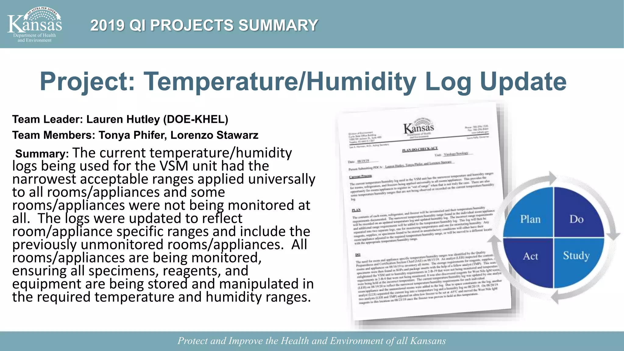 Project: Temperature/Humidity Log Update
Team Leader: Lauren Hutley (DOE-KHEL)
Team Members: Tonya Phifer, Lorenzo Stawarz
Summary: The current temperature/humidity
logs being used for the VSM unit had the
narrowest acceptable ranges applied universally
to all rooms/appliances and some
rooms/appliances were not being monitored at
all. The logs were updated to reflect
room/appliance specific ranges and include the
previously unmonitored rooms/appliances. All
rooms/appliances are being monitored,
ensuring all specimens, reagents, and
equipment are being stored and manipulated in
the required temperature and humidity ranges.
Protect and Improve the Health and Environment of all Kansans
2019 QI PROJECTS SUMMARY
 