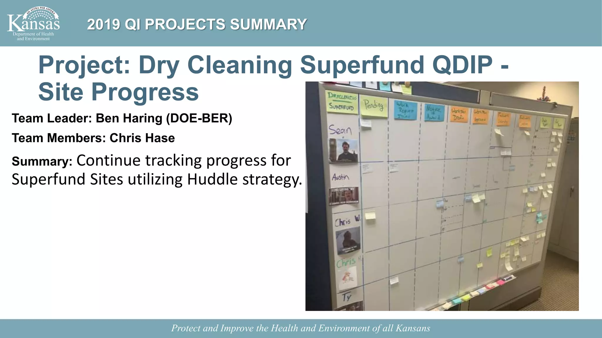 Project: Dry Cleaning Superfund QDIP -
Site Progress
Team Leader: Ben Haring (DOE-BER)
Team Members: Chris Hase
Summary: Continue tracking progress for
Superfund Sites utilizing Huddle strategy.
Protect and Improve the Health and Environment of all Kansans
2019 QI PROJECTS SUMMARY
 