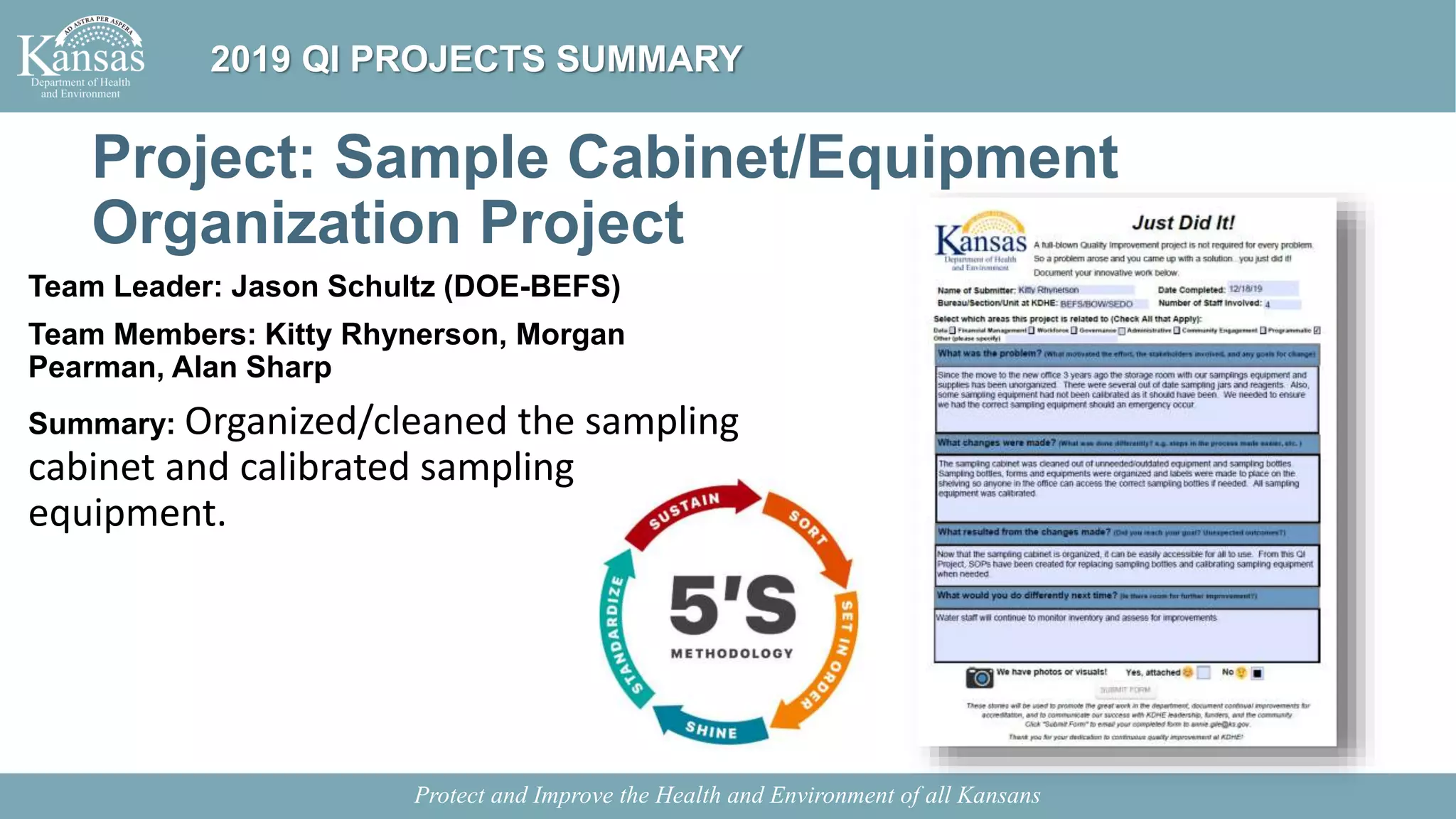 Project: Sample Cabinet/Equipment
Organization Project
Team Leader: Jason Schultz (DOE-BEFS)
Team Members: Kitty Rhynerson, Morgan
Pearman, Alan Sharp
Summary: Organized/cleaned the sampling
cabinet and calibrated sampling
equipment.
Protect and Improve the Health and Environment of all Kansans
2019 QI PROJECTS SUMMARY
 