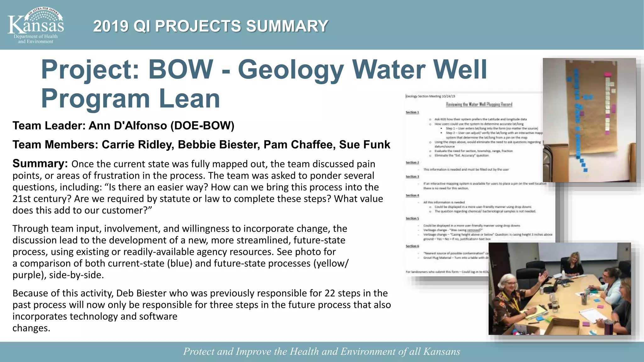 Project: BOW - Geology Water Well
Program Lean
Team Leader: Ann D'Alfonso (DOE-BOW)
Team Members: Carrie Ridley, Bebbie Biester, Pam Chaffee, Sue Funk
Summary: Once the current state was fully mapped out, the team discussed pain
points, or areas of frustration in the process. The team was asked to ponder several
questions, including: “Is there an easier way? How can we bring this process into the
21st century? Are we required by statute or law to complete these steps? What value
does this add to our customer?”
Through team input, involvement, and willingness to incorporate change, the
discussion lead to the development of a new, more streamlined, future-state
process, using existing or readily-available agency resources. See photo for
a comparison of both current-state (blue) and future-state processes (yellow/
purple), side-by-side.
Because of this activity, Deb Biester who was previously responsible for 22 steps in the
past process will now only be responsible for three steps in the future process that also
incorporates technology and software
changes.
Protect and Improve the Health and Environment of all Kansans
2019 QI PROJECTS SUMMARY
 
