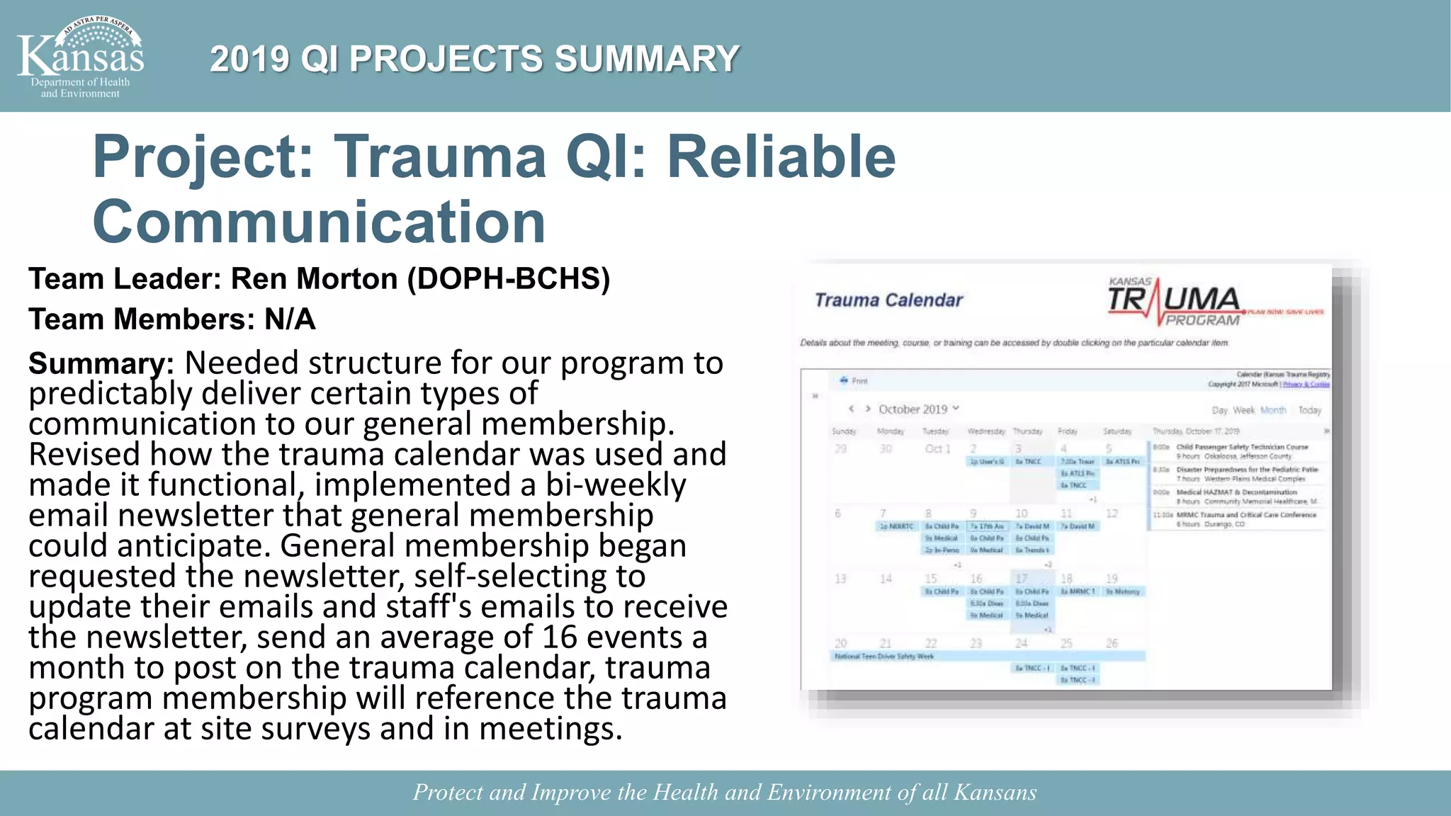 Project: Trauma QI: Reliable
Communication
Team Leader: Ren Morton (DOPH-BCHS)
Team Members: N/A
Summary: Needed structure for our program to
predictably deliver certain types of
communication to our general membership.
Revised how the trauma calendar was used and
made it functional, implemented a bi-weekly
email newsletter that general membership
could anticipate. General membership began
requested the newsletter, self-selecting to
update their emails and staff's emails to receive
the newsletter, send an average of 16 events a
month to post on the trauma calendar, trauma
program membership will reference the trauma
calendar at site surveys and in meetings.
Protect and Improve the Health and Environment of all Kansans
2019 QI PROJECTS SUMMARY
 