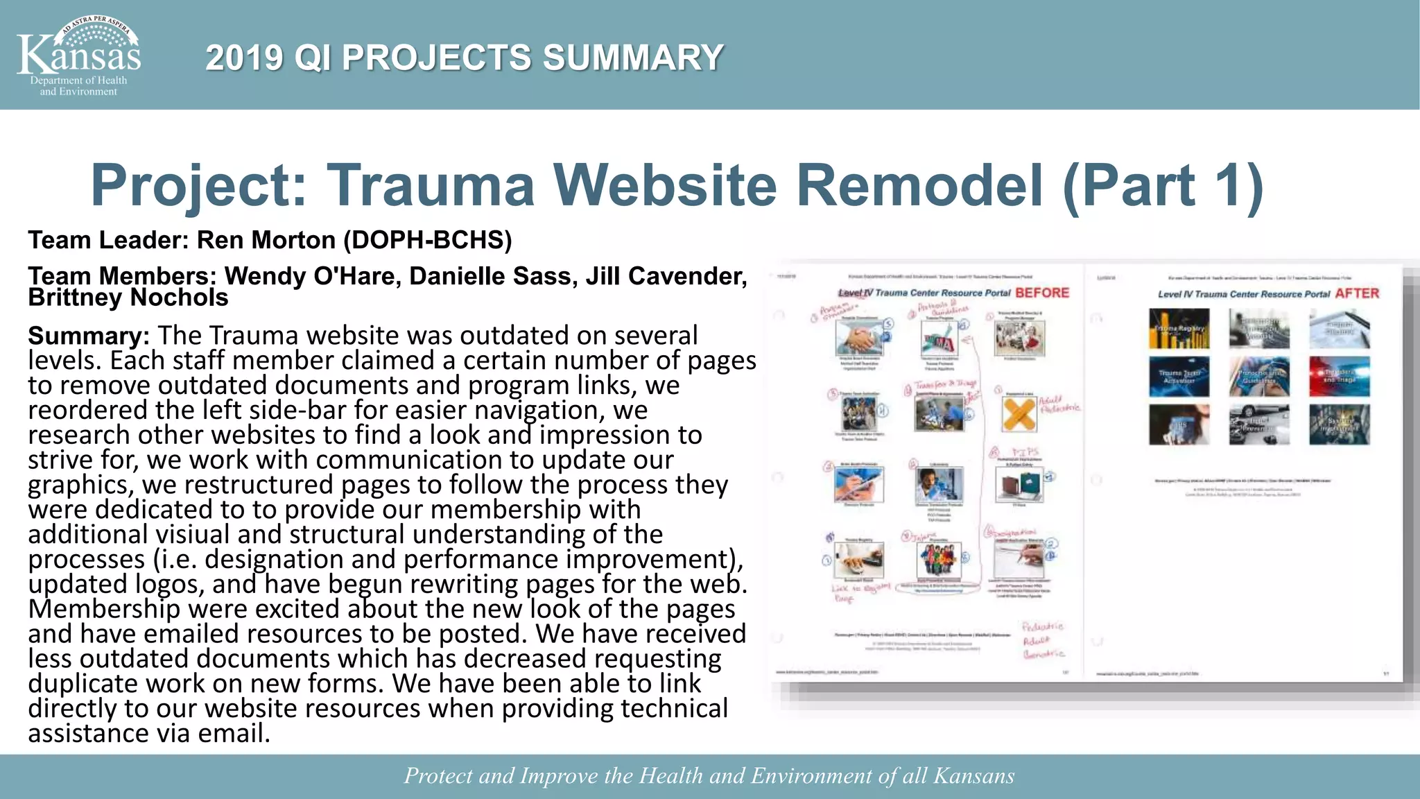 Project: Trauma Website Remodel (Part 1)
Team Leader: Ren Morton (DOPH-BCHS)
Team Members: Wendy O'Hare, Danielle Sass, Jill Cavender,
Brittney Nochols
Summary: The Trauma website was outdated on several
levels. Each staff member claimed a certain number of pages
to remove outdated documents and program links, we
reordered the left side-bar for easier navigation, we
research other websites to find a look and impression to
strive for, we work with communication to update our
graphics, we restructured pages to follow the process they
were dedicated to to provide our membership with
additional visiual and structural understanding of the
processes (i.e. designation and performance improvement),
updated logos, and have begun rewriting pages for the web.
Membership were excited about the new look of the pages
and have emailed resources to be posted. We have received
less outdated documents which has decreased requesting
duplicate work on new forms. We have been able to link
directly to our website resources when providing technical
assistance via email.
Protect and Improve the Health and Environment of all Kansans
2019 QI PROJECTS SUMMARY
 