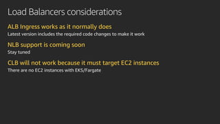 Load Balancers considerations
ALB Ingress works as it normally does
Latest version includes the required code changes to m...