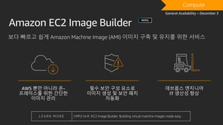 Amazon EC2 Image Builder 활용 방법
소스 이미지 선택
맞춤 소프트웨어 및
설정 선택
보안이 강화된 기본
이미지 선택
이미지 테스트 골든 이미지 생성
및 배포
업데이트 될 때 마다 자동 재생성
 