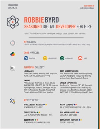 SEASONED DIGITAL DEVELOPER FOR HIRE
MY NUCLEUS
I build software that helps people communicate more efficiently and effectively.
MY EXPERIENCE
FRONT-END ARCHITECTURE E-COMMERCE CODE
CORE PARTICLES
PROUDLY FROM
AUSTIN, TX
559-ROBBIE-B
me@robbiebyrd.com
ELEMENTAL SKILLSETS
LANGUAGES
Python, Java, Groovy, Javascript, PHP, Ruby/Rails,
ASP.NET/C#, Perl, ColdFusion (don’t hate)
EXPERT
Python/Django, WordPress, All things AWS, JS/
AJAX/SPA/JSON, HTML/CSS, Git, PHP, SQL, Apache/
nginx/lighthttpd, jQuery/JS, Prototype, DevOps,
JIRA, RT/Websockets, MongoDB, Ansible/Chef/
Puppet, AWS/Ubuntu/RHEL Linux Sysadmin
DEEP UNDERSTANDING
Java, Relational DB & Web Server setup/tuning,
CGI, PyPy, App Engine, node.js, Real-time/MQ
systems, Redis, React/AngularJS, Tomcat
UNIQUE EXPERIENCE
WordPress for Enterprises (VIP), MS Sharepoint,
Document Management/Search indexing, log
analysis, Twilio, MailChimp, Atlassian, Jabber/
XMPP, SOAP, RESTful API design (OpenAPI Spec)
37
85
Rb
WHOLE FOODS MARKET
SENIOR DEVELOPER - 2017
ONELIVE MEDIA
LEAD DEVELOPER/TEAM MANAGER - 2016
Q2EBANKING
SENIOR DEVELOPER/MANAGER - 2015
MEDIA GENERAL
SR. DEVELOPER/OPS DIRECTOR - 2011-2015
MDI MEDIA GROUP
EDREAMER - 2007-2011
COMMUNITY NEWS HI
EDITOR - 2001-2007
I am a full-stack solutions developer: design, code, content and delivery.
 