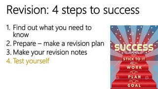 Revision: 4 steps to success
1. Find out what you need to
know
2. Prepare – make a revision plan
3. Make your revision notes
4. Test yourself
 