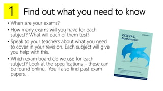 Find out what you need to know
• When are your exams?
• How many exams will you have for each
subject? What will each of them test?
• Speak to your teachers about what you need
to cover in your revision. Each subject will give
you help with this.
• Which exam board do we use for each
subject? Look at the specifications – these can
be found online. You’ll also find past exam
papers.
1
 