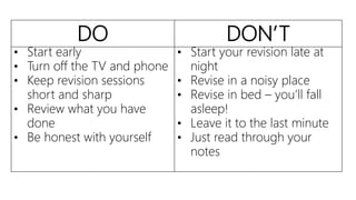 DO DON’T
• Start early
• Turn off the TV and phone
• Keep revision sessions
short and sharp
• Review what you have
done
• Be honest with yourself
• Start your revision late at
night
• Revise in a noisy place
• Revise in bed – you’ll fall
asleep!
• Leave it to the last minute
• Just read through your
notes
 
