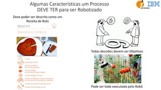 Deve poder ser descrito como um
Receita de Bolo
Todas decisões devem ser ObjeUvas
Pode ser todo executado pelo Robô
Algumas Características um Processo
DEVE TER para ser Robotizado
 