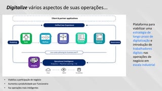 49
Plataforma para
viabilizar uma
estratégia de
longo prazo de
digitalização e
introdução de
trabalhadores
digitais nas
operações de
negócio em
escala industrial
• Viabiliza a parUcipação de negócio
• Aumenta a produUvidade por Funcionário
• Faz operações mais inteligentes
Digitalize vários aspectos de suas operações...
Tasks BizFlow Content Capture
Insights
Decisions
 