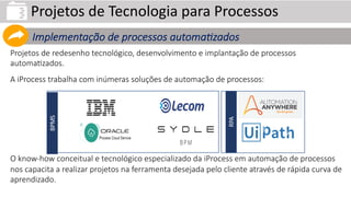 Projetos de redesenho tecnológico, desenvolvimento e implantação de processos
automaEzados.
A iProcess trabalha com inúmeras soluções de automação de processos:
O know-how conceitual e tecnológico especializado da iProcess em automação de processos
nos capacita a realizar projetos na ferramenta desejada pelo cliente através de rápida curva de
aprendizado.
Projetos de Tecnologia para Processos
Implementação de processos automa2zados
BPMS
RPA
 
