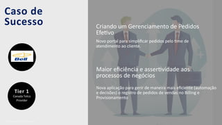 | IBM Services | © 2017 IBM CorporaUon81
Caso de
Sucesso
Tier 1
Canada Telco
Provider
Criando um Gerenciamento de Pedidos
EfeUvo
Novo portal para simpliﬁcar pedidos pelo Ume de
atendimento ao cliente.
Maior eﬁciência e asserUvidade aos
processos de negócios
Nova aplicação para gerir de maneira mais eﬁciente (automação
e decisões) o registro de pedidos de vendas no Billing e
Provisionamento
 