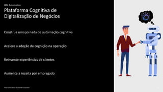Plataforma CogniUva de
Digitalização de Negócios
83Think Summit 2019 / © 2019 IBM CorporaUon
IBM AutomaUon
Construa uma jornada de automação cognitiva
Acelere a adoção de cognição na operação
Reinvente experiências de clientes
Aumente a receita por empregado
 