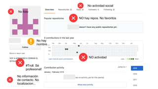 NO actividad
No hay
nombre...
#Troll. Sé
profesional!
NO hay repos. No favoritos
No actividad social
No información
de contacto. No
localizacion...
No foto
 