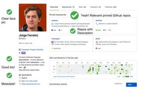 Yeah! Relevant pinned Github repos
Repos with
Description
Clear face
pic
Good bio!
Metadata!
 