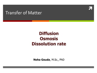 
Transfer of Matter
Diffusion
Osmosis
Dissolution rate
Noha Gouda, M.Sc., PhD
 