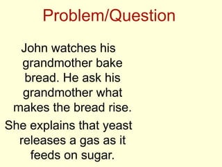 Problem/Question
John watches his
grandmother bake
bread. He ask his
grandmother what
makes the bread rise.
She explains that yeast
releases a gas as it
feeds on sugar.
 
