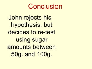 Conclusion
John rejects his
hypothesis, but
decides to re-test
using sugar
amounts between
50g. and 100g.
 