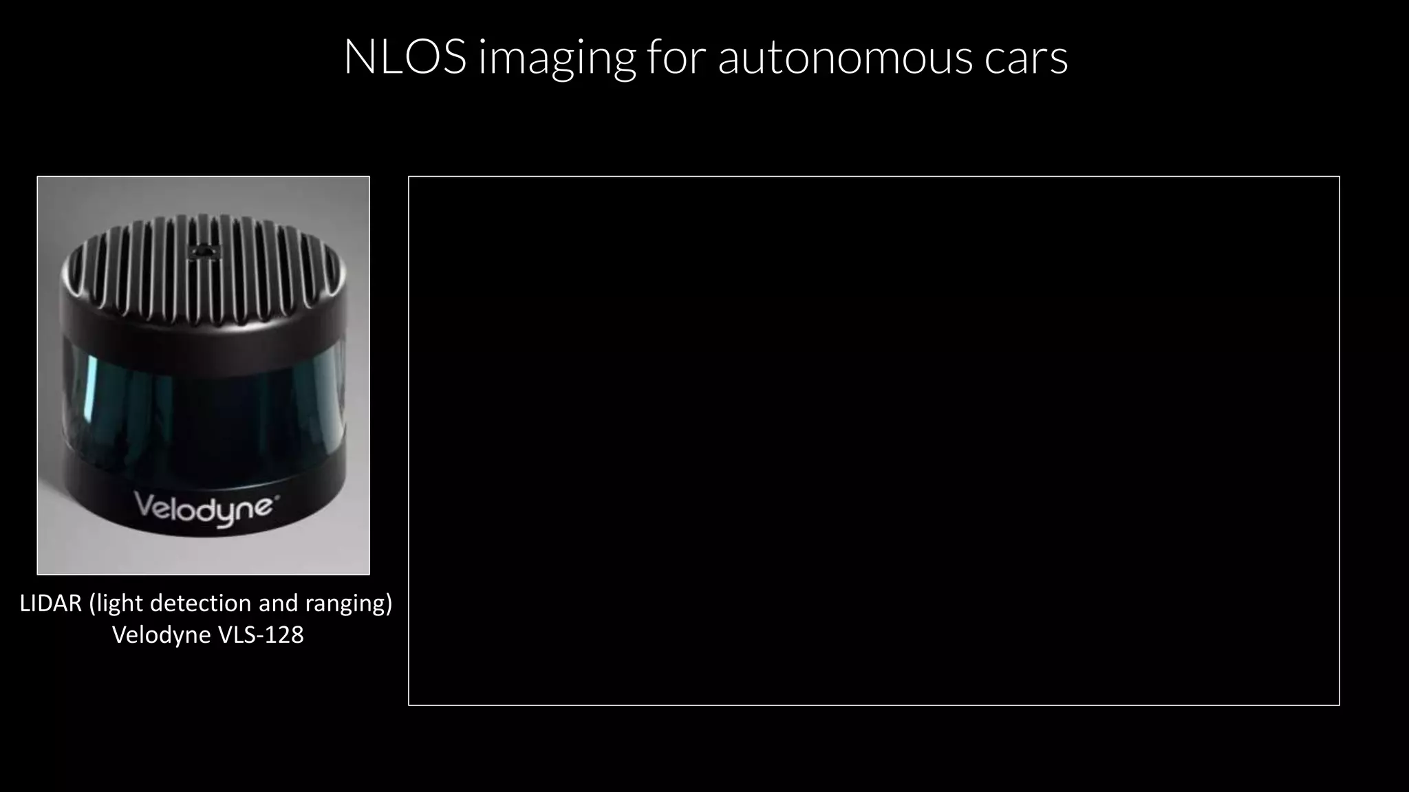 LIDAR (light detection and ranging)
Velodyne VLS-128
NLOS imaging for autonomous cars
 