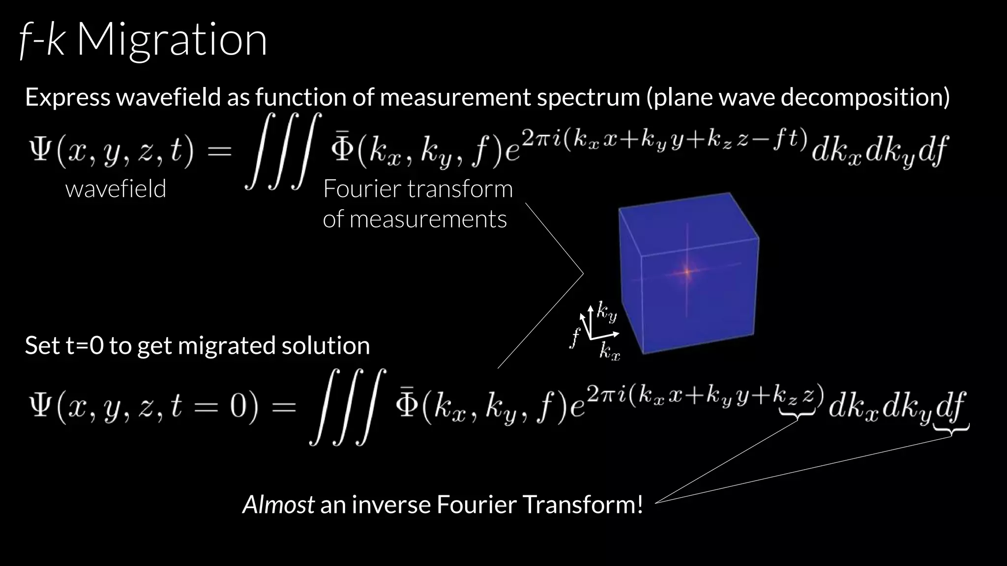 f-k Migration
Express wavefield as function of measurement spectrum (plane wave decomposition)
wavefield Fourier transform
of measurements
Set t=0 to get migrated solution
Almost an inverse Fourier Transform!
 