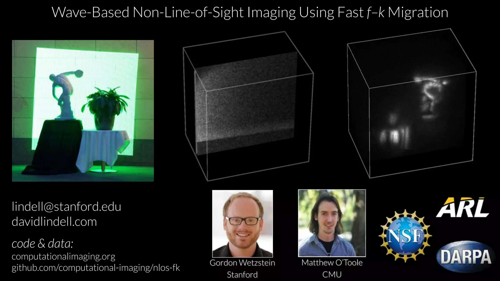 lindell@stanford.edu
davidlindell.com
code & data:
computationalimaging.org
github.com/computational-imaging/nlos-fk
Wave-Based Non-Line-of-Sight Imaging Using Fast f–k Migration
Gordon Wetzstein
Stanford
Matthew O’Toole
CMU
 