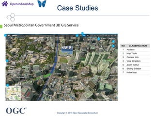 OGC
®
Case Studies
Copyright © 2019 Open Geospatial Consortium
Seoul Metropolitan Government 3D GIS Service
2
2-1
3
5
7
6
4
1
NO CLASSIFICATION
1 Address
2 Map Tools
3 Camera Info.
4 View Direction
5 Zoom In/Out
6 Sliding Sidebar
7 Index Map
 