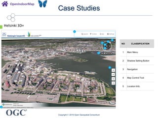 OGC
®
Case Studies
Copyright © 2019 Open Geospatial Consortium
Helsinki 3D+
NO CLASSIFICATION
1 Main Menu
2 Shadow Setting Button
3 Navigation
4 Map Control Tool
5 Location Info.
1
2
4
5
3
3-4
3-1
3-2
3-3
 