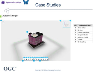OGC
®
Case Studies
Copyright © 2019 Open Geospatial Consortium
Autodesk Forge
3
4 5 6
1 2
7
4-1 4-2 4-3 4-4 4-5 5-1 5-2 5-3 6-1 6-2 6-3 6-4
NO CLASSIFICATION
1 Home Button
2 3D view
3 Change View Mode
4 Navigation Button
5 Authoring Toolbar
6 Toolbar
7 3D Modelling
 