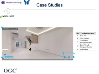 OGC
®
Case Studies
Matterport
1
5
2
3
3-1 3-2 3-3 3-4
4
4-1 4-2 4-3
4-4
NO CLASSIFICATION
1 Place Info.
2 Open highlight
3
Option Menu
(Navigation Button)
4
Option Menu 2
(Navigation Button)
5 3D Modelling
 