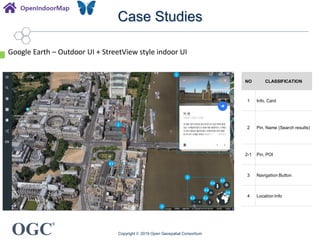 OGC
®
Case Studies
Copyright © 2019 Open Geospatial Consortium
Google Earth – Outdoor UI + StreetView style indoor UI
1
2
2-1
3
3-1 3-2
3-3
3-4
3-5
3-6
4
NO CLASSIFICATION
1 Info. Card
2 Pin, Name (Search results)
2-1 Pin, POI
3 Navigation Button
4 Location Info
 