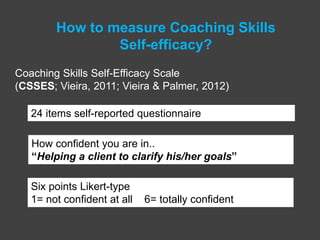 The Self-Efficacy Coaching Model
(SEC; Vieira & Palmer, 2018)
How to measure Coaching Skills Self-efficacy?
Vieira, D. A. ...