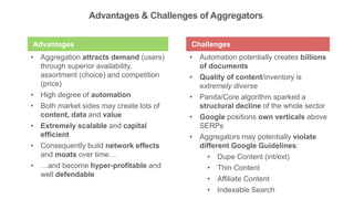 Advantages & Challenges of Aggregators
ChallengesAdvantages
• Aggregation attracts demand (users)
through superior availability,
assortment (choice) and competition
(price)
• High degree of automation
• Both market sides may create lots of
content, data and value
• Extremely scalable and capital
efficient
• Consequently build network effects
and moats over time…
• …and become hyper-profitable and
well defendable
• Automation potentially creates billions
of documents
• Quality of content/inventory is
extremely diverse
• Panda/Core algorithm sparked a
structural decline of the whole sector
• Google positions own verticals above
SERPs
• Aggregators may potentially violate
different Google Guidelines:
• Dupe Content (int/ext)
• Thin Content
• Affiliate Content
• Indexable Search
 