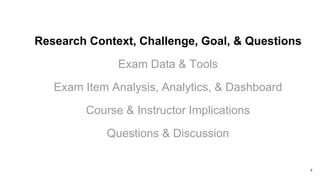 Research Context, Challenge, Goal, & Questions
Exam Data & Tools
Exam Item Analysis, Analytics, & Dashboard
Course & Instr...