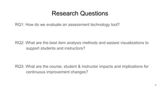 Research Questions
RQ1: How do we evaluate an assessment technology tool?
RQ2: What are the best item analysis methods and...