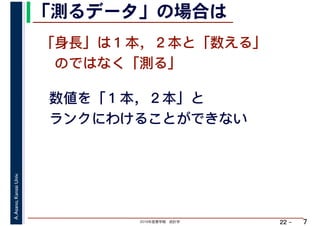 2019年度春学期　統計学
A.Asano,KansaiUniv.
22 –
「測るデータ」の場合は
7
「身長」は１本，２本と「数える」
　のではなく「測る」
数値を「１本，２本」と
ランクにわけることができない
 