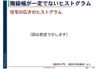 2019年度春学期　統計学
A.Asano,KansaiUniv.
22 –
階級幅が一定でないヒストグラム
17
住宅の広さのヒストグラム
「統計学入門」（東京大学出版会）より
（図は教室で示します）
 