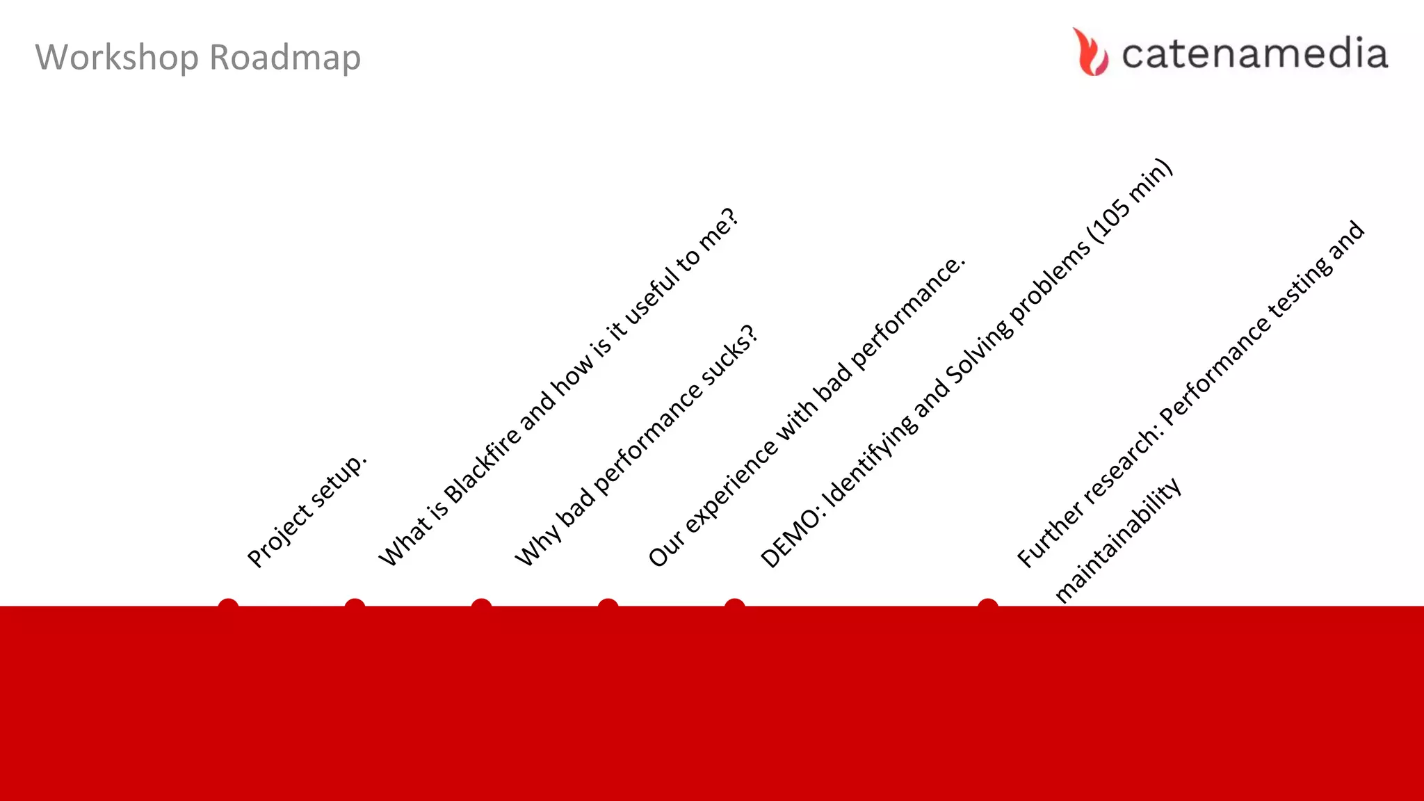 Workshop Roadmap
Projectsetup.
W
hatisBlackfire
and
how
isitusefulto
m
e?
W
hybad
perform
ance
sucks?
Ourexperience
w
ith
bad
perform
ance.
DEM
O:Identifyingand
Solvingproblem
s(105
m
in)
Furtherresearch:Perform
ance
testingand
m
aintainability
 