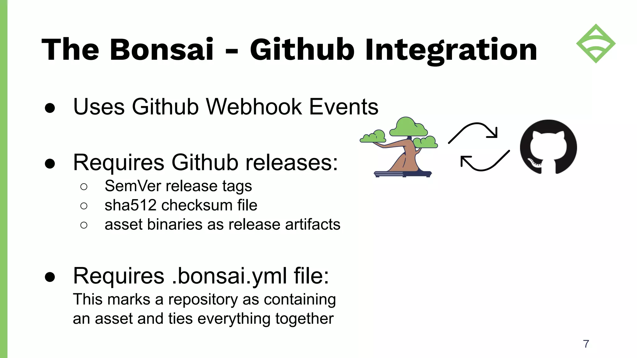 The Bonsai - Github Integration
7
● Uses Github Webhook Events
● Requires Github releases:
○ SemVer release tags
○ sha512 checksum file
○ asset binaries as release artifacts
● Requires .bonsai.yml file:
This marks a repository as containing
an asset and ties everything together
 