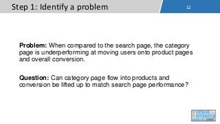 12Step 1: Identify a problem
Problem: When compared to the search page, the category
page is underperforming at moving use...